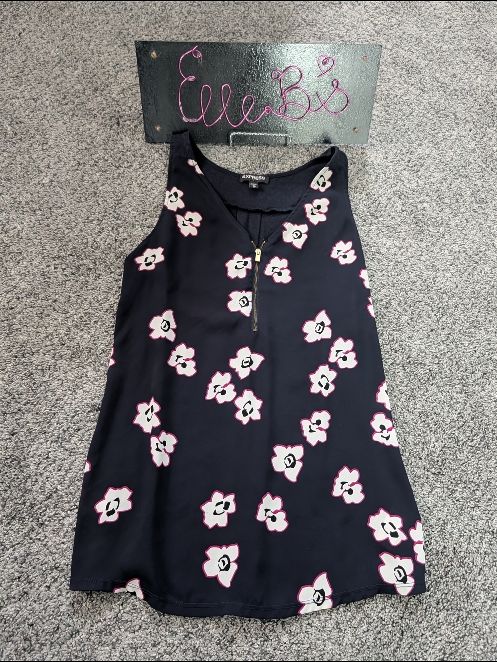 Euc Express Navy Floral Zip-Front Blouse Top Xs